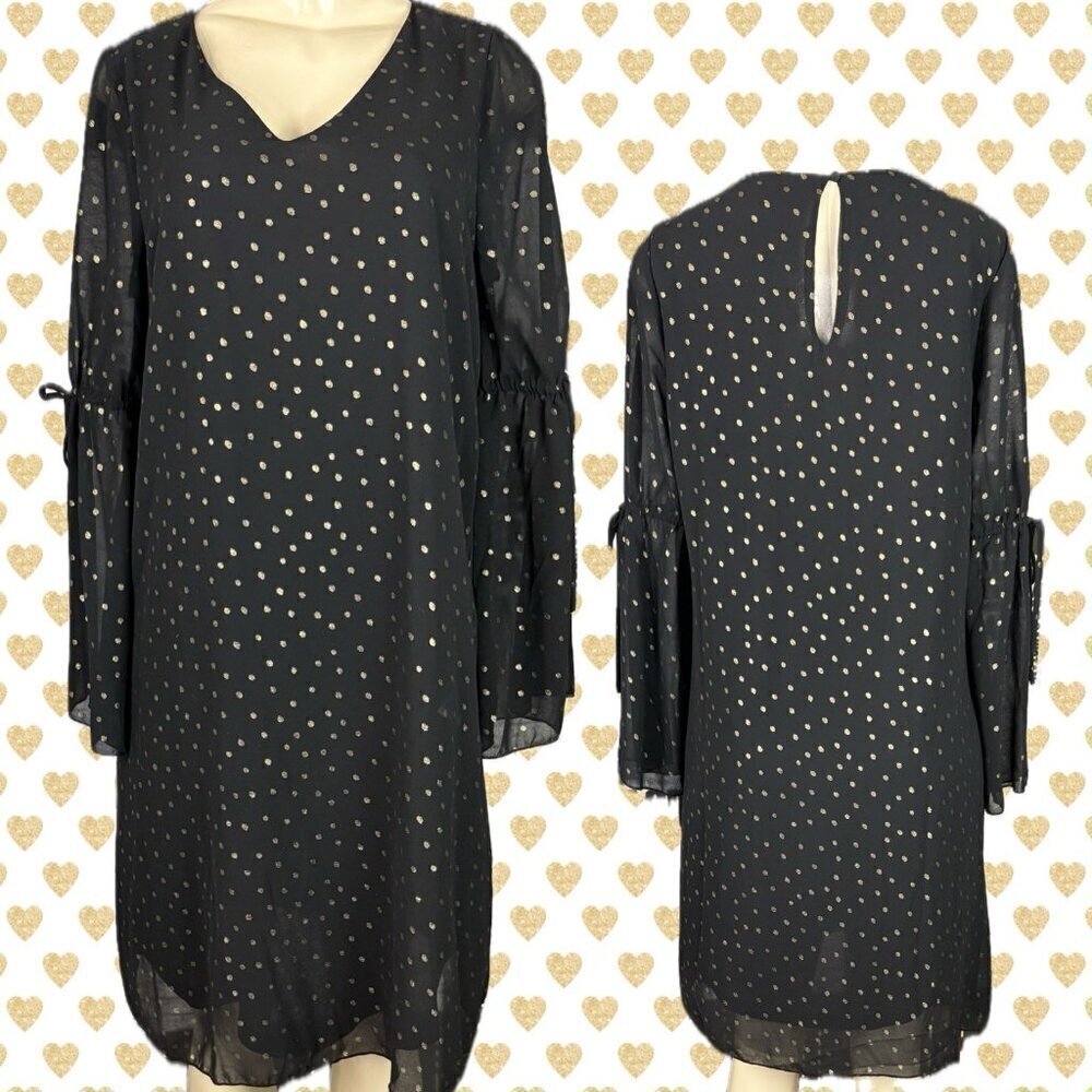 Ellos 12 Black Metallic Gold Polka Dot Lined Sheer V-Neck Long Bell Sleeve Dress
